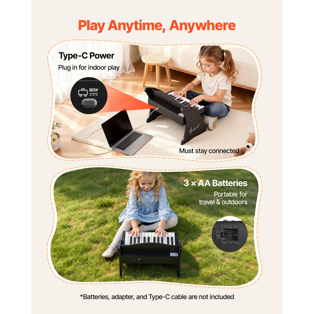 VEVOR Kids Piano Keyboard, 25 Keys Wooden Digital Piano for Kids, Mini Music Educational Instrument Toy with Realistic Sound, Dual Power, Adjustable Volume for Toddlers, Boys Girls Learning, Black