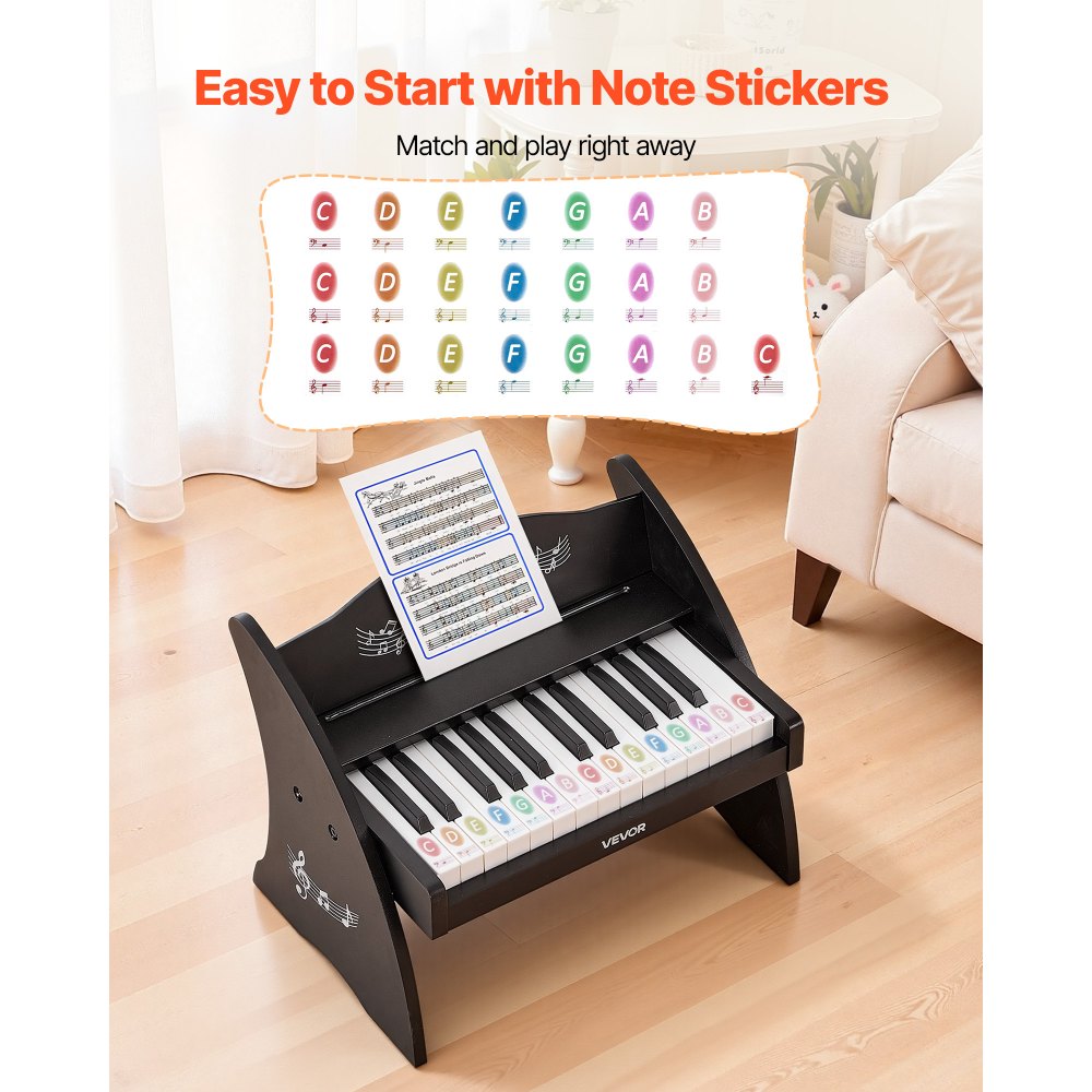 VEVOR Kids Piano Keyboard, 25 Keys Wooden Digital Piano for Kids, Mini Music Educational Instrument Toy with Realistic Sound, Dual Power, Adjustable Volume for Toddlers, Boys Girls Learning, Black