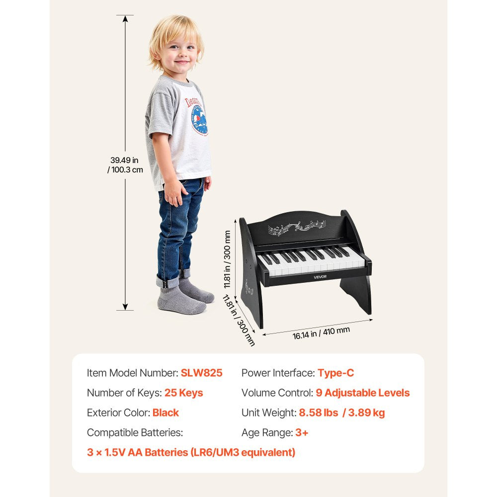 VEVOR Kids Piano Keyboard, 25 Keys Wooden Digital Piano for Kids, Mini Music Educational Instrument Toy with Realistic Sound, Dual Power, Adjustable Volume for Toddlers, Boys Girls Learning, Black