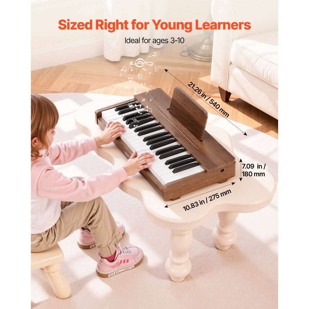 VEVOR Kids Piano Keyboard, 37 Keys Wooden Digital Piano for Kids, Mini Music Educational Instrument Toy with Realistic Sound, Dual Power, Adjustable Volume for Toddlers, Boys Girls Learning,Walnut