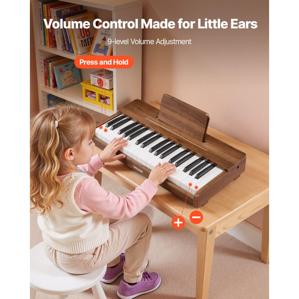VEVOR Kids Piano Keyboard, 37 Keys Wooden Digital Piano for Kids, Mini Music Educational Instrument Toy with Realistic Sound, Dual Power, Adjustable Volume for Toddlers, Boys Girls Learning,Walnut