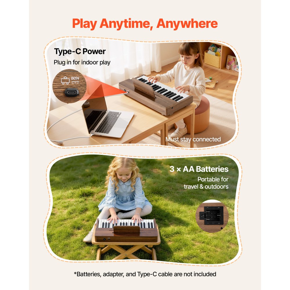 VEVOR Kids Piano Keyboard, 37 Keys Wooden Digital Piano for Kids, Mini Music Educational Instrument Toy with Realistic Sound, Dual Power, Adjustable Volume for Toddlers, Boys Girls Learning,Walnut