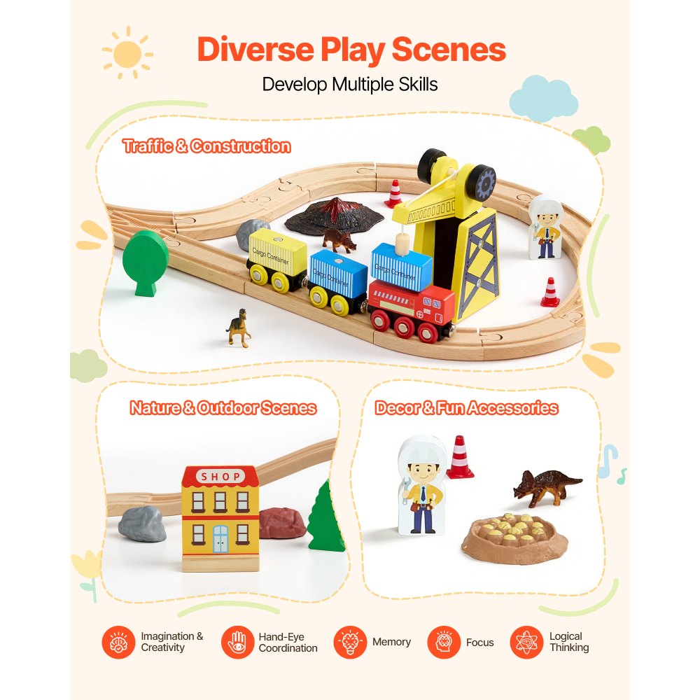 VEVOR 70PCS Wooden Train Set, with Magnetic Crane, Wood Train Track Toy for Kids Ages 3-8, Construction Crane Railway Set, Compatible with Major Brands, Christmas Birthday Toy for Toddlers Boys Girls