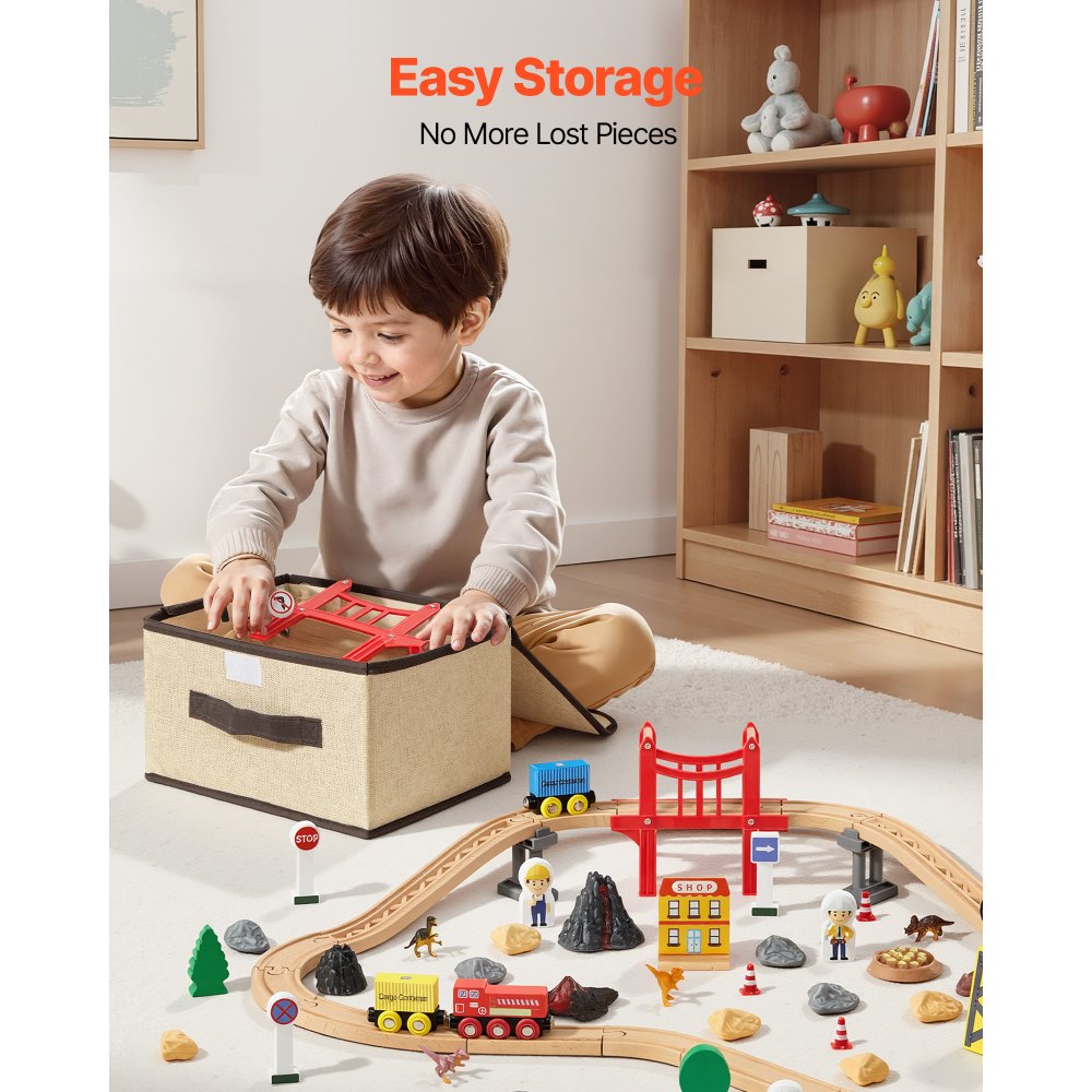 VEVOR 70PCS Wooden Train Set, with Magnetic Crane, Wood Train Track Toy for Kids Ages 3-8, Construction Crane Railway Set, Compatible with Major Brands, Christmas Birthday Toy for Toddlers Boys Girls
