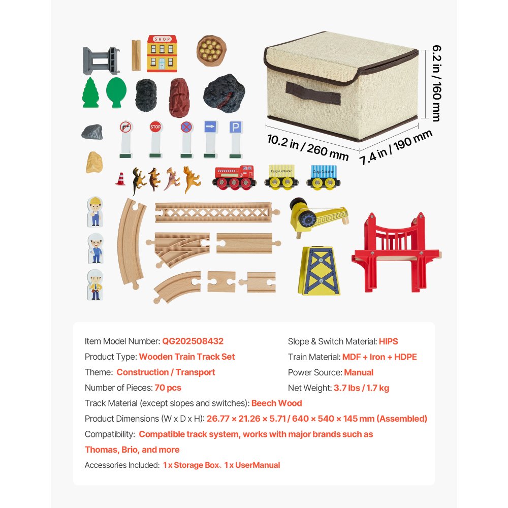 VEVOR 70PCS Wooden Train Set, with Magnetic Crane, Wood Train Track Toy for Kids Ages 3-8, Construction Crane Railway Set, Compatible with Major Brands, Christmas Birthday Toy for Toddlers Boys Girls