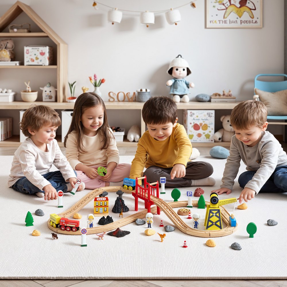 VEVOR 70PCS Wooden Train Set, with Magnetic Crane, Wood Train Track Toy for Kids Ages 3-8, Construction Crane Railway Set, Compatible with Major Brands, Christmas Birthday Toy for Toddlers Boys Girls