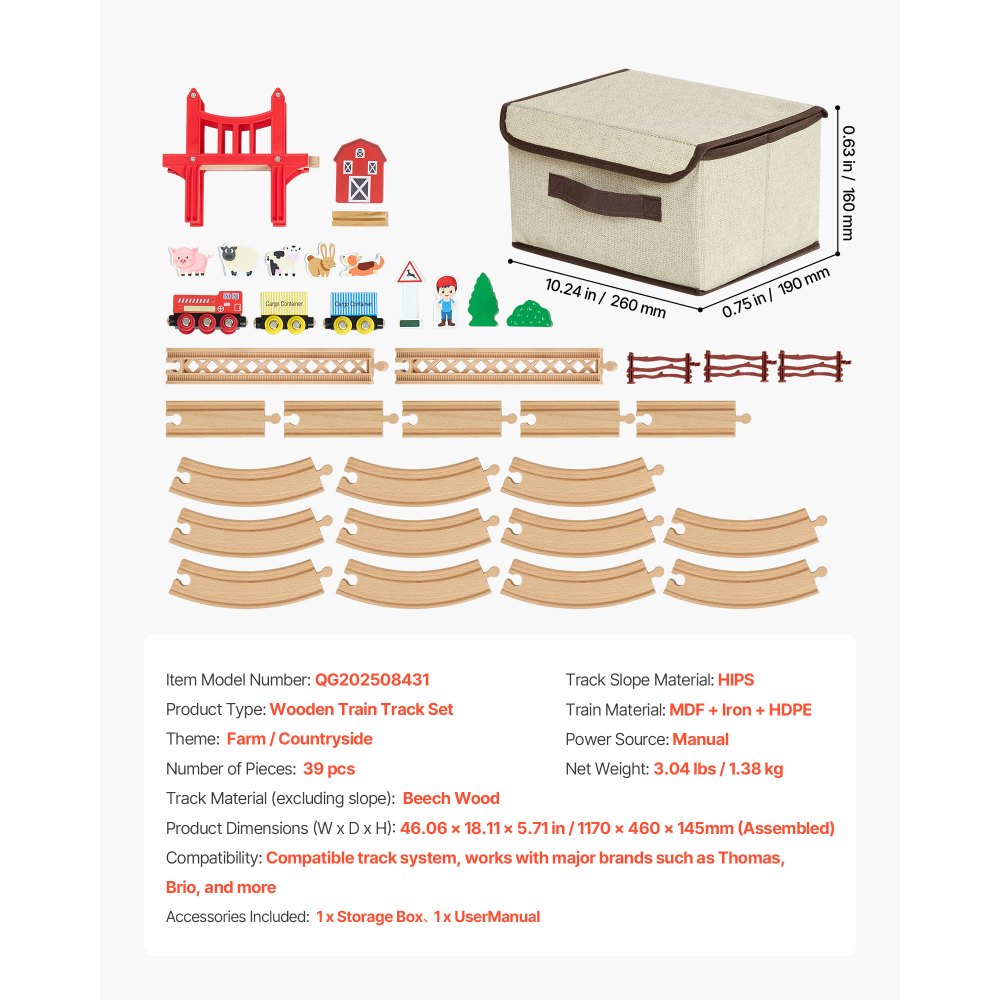 VEVOR Wooden Train Set, 39PCS, Wood Train Track with Magnetic Trains and Railway Accessories, Compatible with Major Brands, Small Town, Christmas Birthday Toy for Kids Toddlers Ages 3-8 Boys and Girls