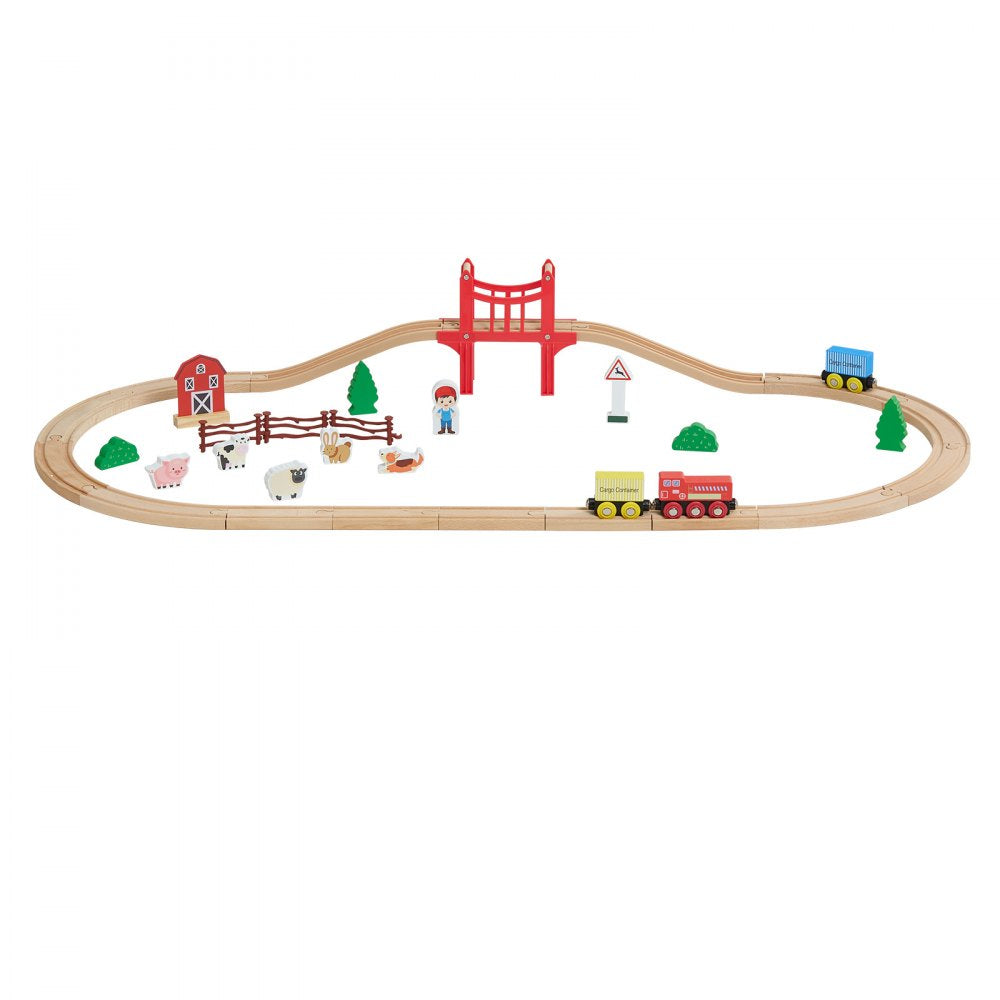 VEVOR Wooden Train Set, 39PCS, Wood Train Track with Magnetic Trains and Railway Accessories, Compatible with Major Brands, Small Town, Christmas Birthday Toy for Kids Toddlers Ages 3-8 Boys and Girls