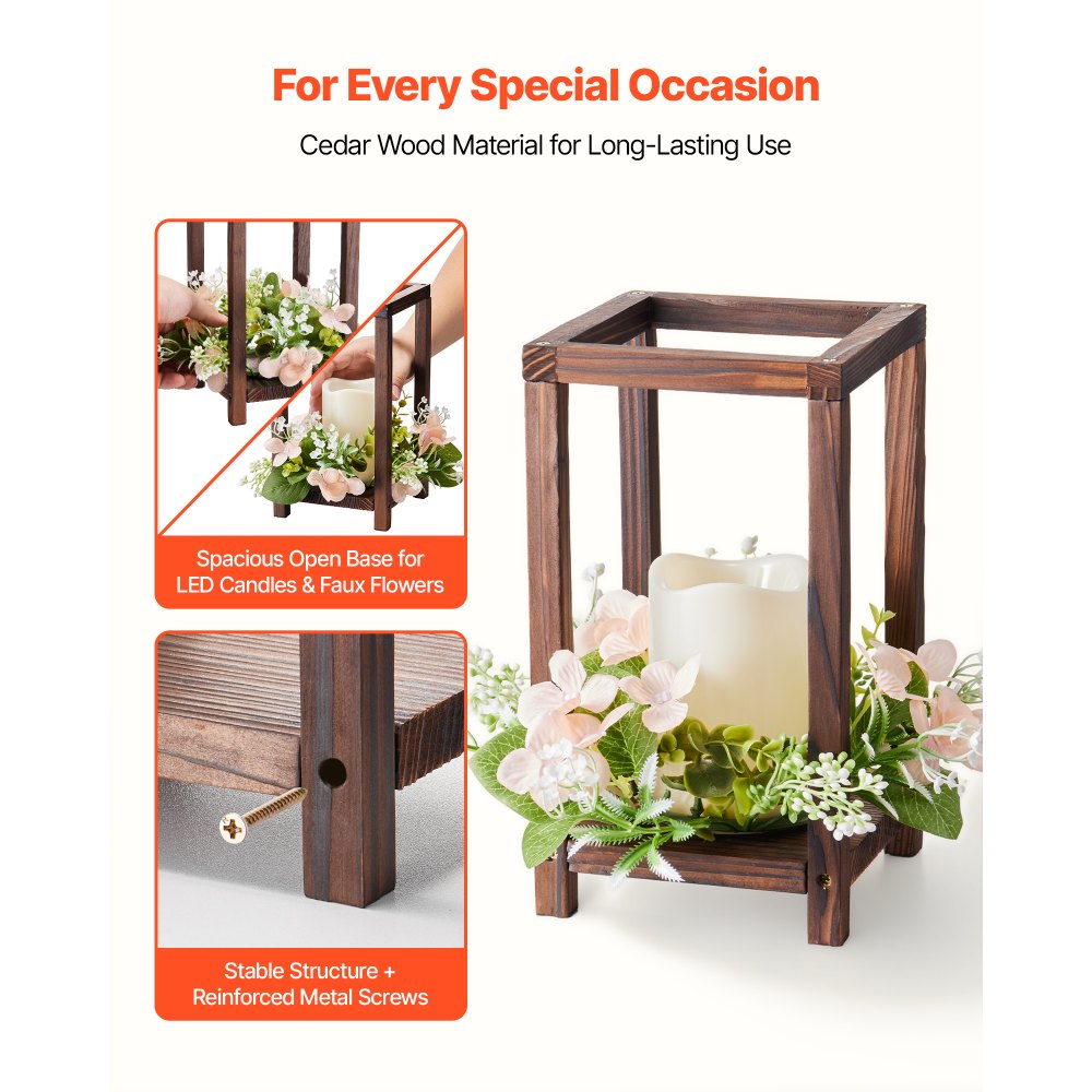 VEVOR 10 Set/30 Pcs Wooden Wedding Lantern Centerpiece, Includes 10 Wooden Lantern Candle Holder 10 Flameless LED Candle 10 Champagne Flower Wreath for Wedding Table Party Farmhouse Decor, Brown