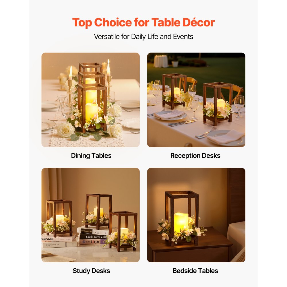 VEVOR 10 Set/30 Pcs Wooden Wedding Lantern Centerpiece, Includes 10 Wooden Lantern Candle Holder 10 Flameless LED Candle 10 Champagne Flower Wreath for Wedding Table Party Farmhouse Decor, Brown