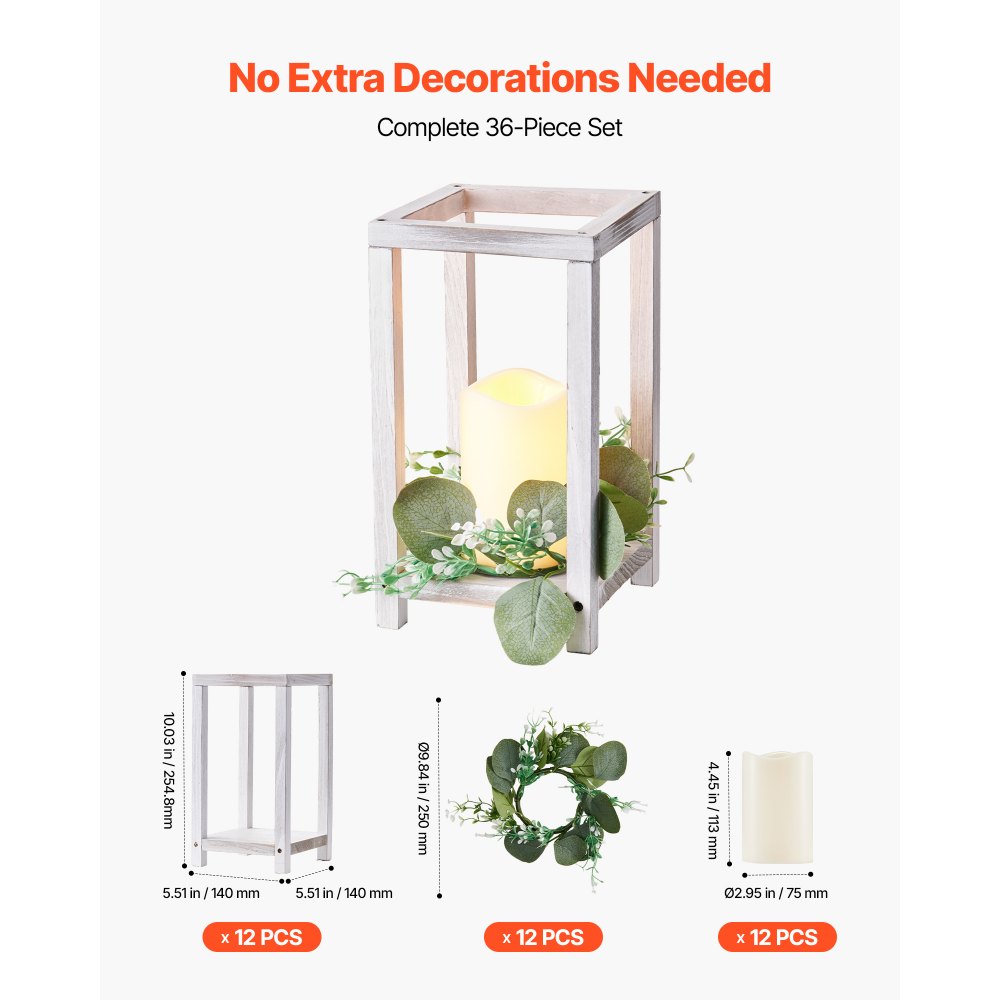 VEVOR 12 Set/36 Pcs Wooden Wedding Lantern Centerpiece, Includes 12 Wooden Lantern Candle Holder 12 Flameless LED Candle 12 Eucalyptus Leaves Wreath for Wedding Table Party Farmhouse Decor, White