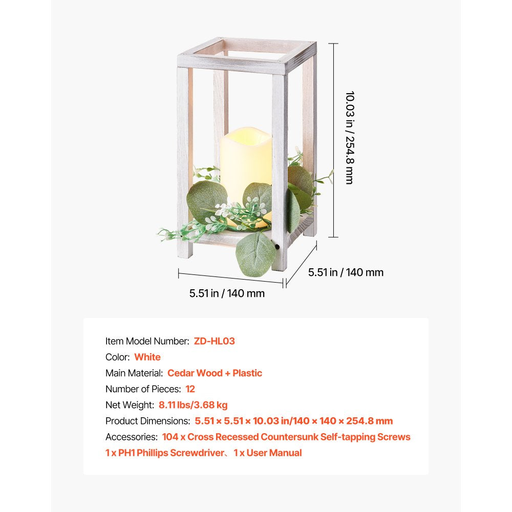 VEVOR 12 Set/36 Pcs Wooden Wedding Lantern Centerpiece, Includes 12 Wooden Lantern Candle Holder 12 Flameless LED Candle 12 Eucalyptus Leaves Wreath for Wedding Table Party Farmhouse Decor, White