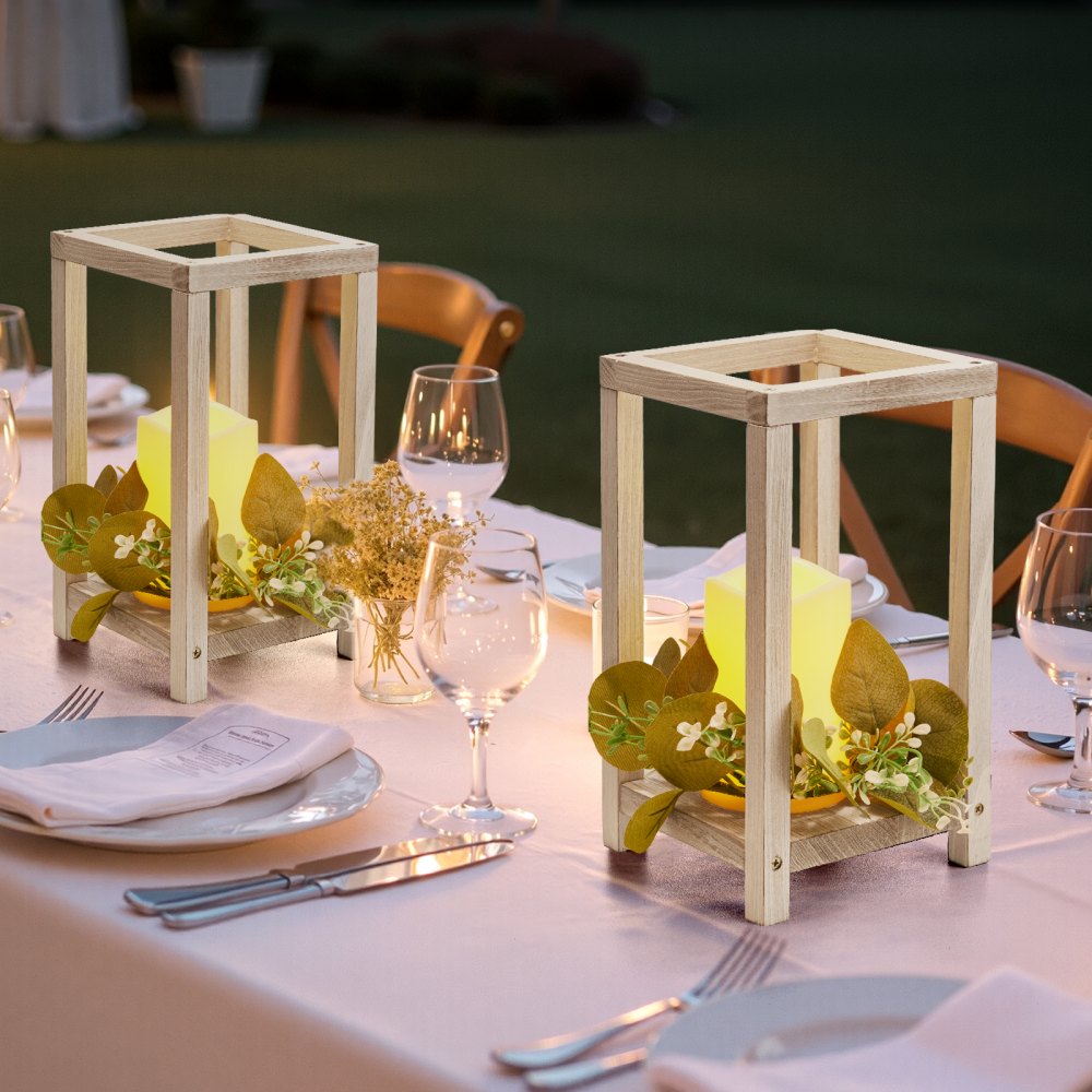 VEVOR 12 Set/36 Pcs Wooden Wedding Lantern Centerpiece, Includes 12 Wooden Lantern Candle Holder 12 Flameless LED Candle 12 Eucalyptus Leaves Wreath for Wedding Table Party Farmhouse Decor, White