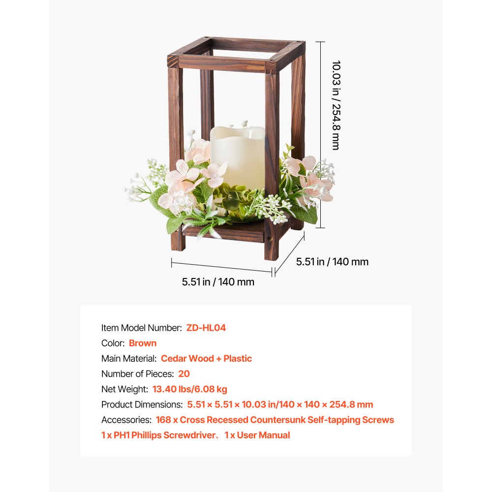 VEVOR 20 Set/60 Pcs Wooden Wedding Lantern Centerpiece, Includes 20 Wooden Lantern Candle Holder 20 Flameless LED Candle 20 Champagne Flower Wreath for Wedding Table Party Farmhouse Decor, Brown