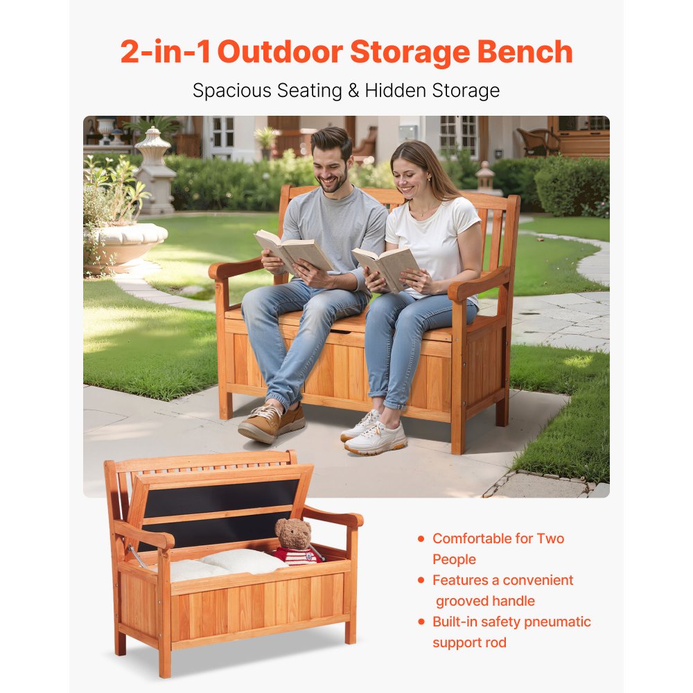 VEVOR Outdoor Storage Bench, 2-Person Wooden Storage Bench, 33 Gallons Deck Box with Side Handle, Supports up to 705 lbs, Outdoor Seating & Porch Decor, for Patio Garden Balcony Yard