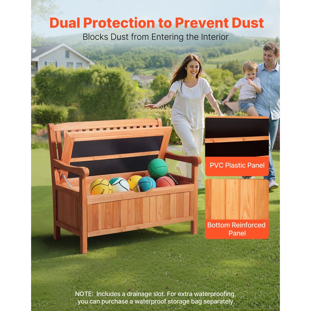VEVOR Outdoor Storage Bench, 2-Person Wooden Storage Bench, 33 Gallons Deck Box with Side Handle, Supports up to 705 lbs, Outdoor Seating & Porch Decor, for Patio Garden Balcony Yard