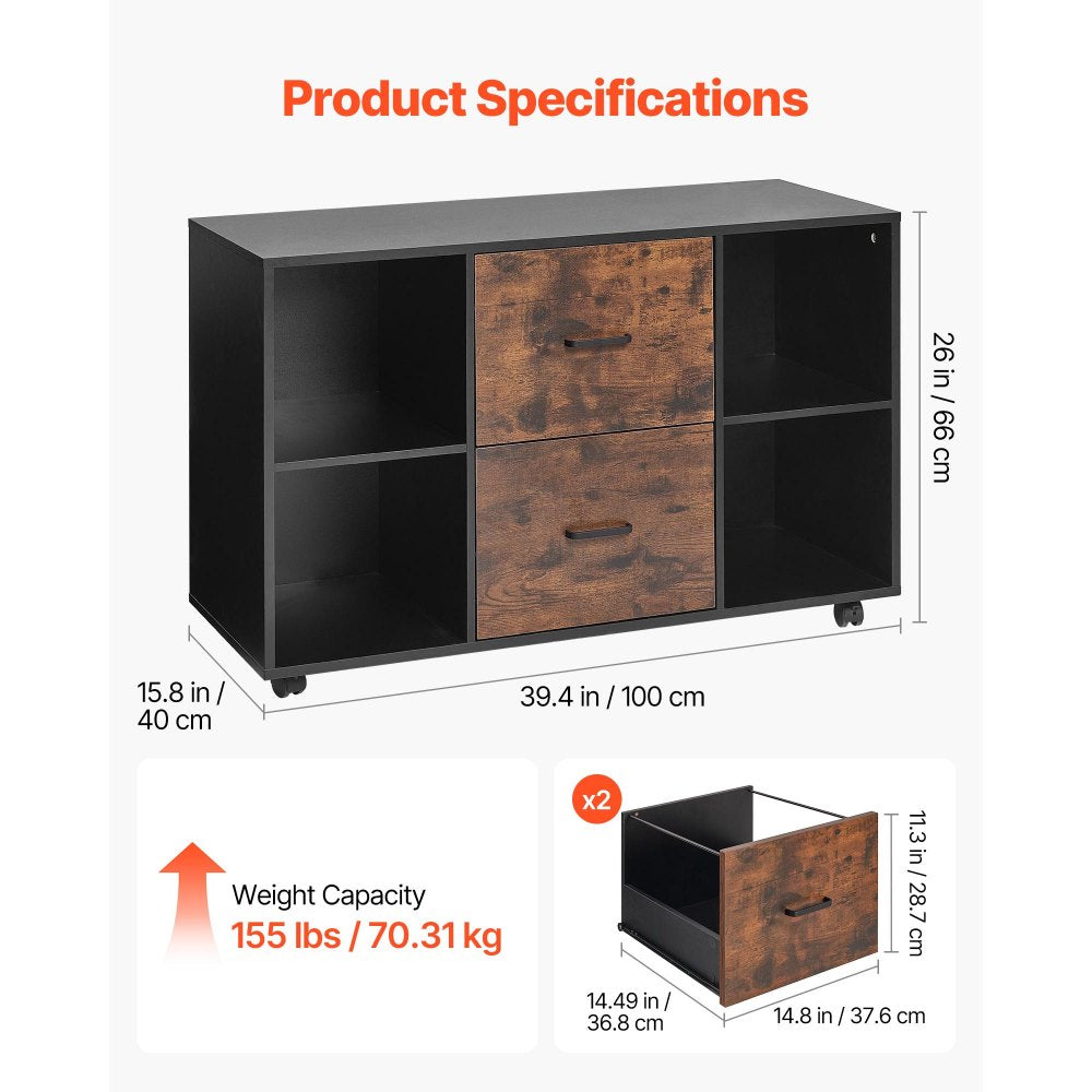 VEVOR 2 Drawer Wooden File Cabinet, Mobile Filing Cabinet with Open Shelves, Lateral Rolling File Storage with Lockable Wheels, Modern Free Standing Printer Stand for Home, Office, School, Black