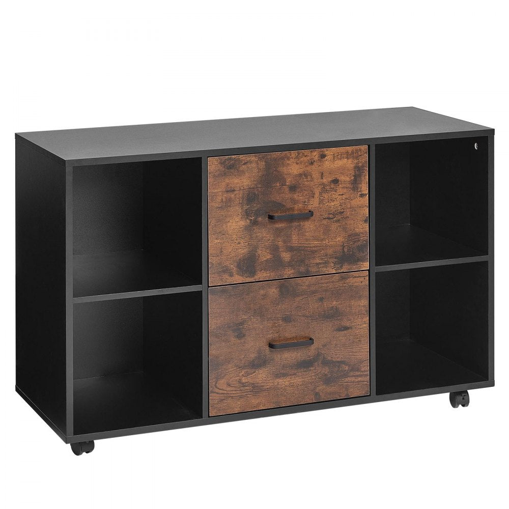 VEVOR 2 Drawer Wooden File Cabinet, Mobile Filing Cabinet with Open Shelves, Lateral Rolling File Storage with Lockable Wheels, Modern Free Standing Printer Stand for Home, Office, School, Black