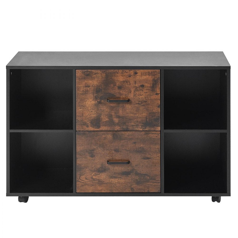 VEVOR 2 Drawer Wooden File Cabinet, Mobile Filing Cabinet with Open Shelves, Lateral Rolling File Storage with Lockable Wheels, Modern Free Standing Printer Stand for Home, Office, School, Black
