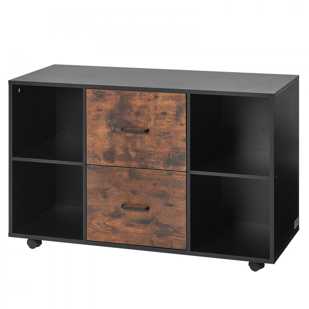 VEVOR 2 Drawer Wooden File Cabinet, Mobile Filing Cabinet with Open Shelves, Lateral Rolling File Storage with Lockable Wheels, Modern Free Standing Printer Stand for Home, Office, School, Black
