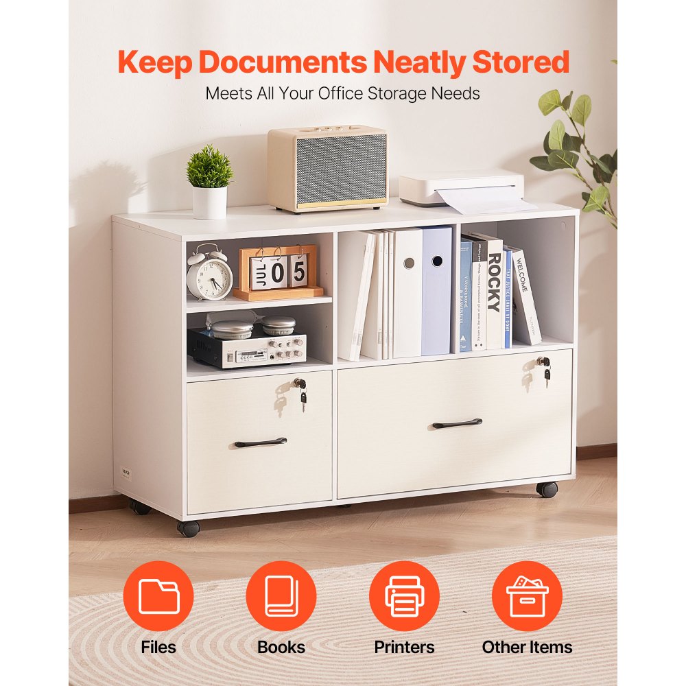 VEVOR 2 Drawer Wooden File Cabinet, Mobile Filing Cabinet with Open Shelves, Lockable Lateral Rolling File Storage with Adjustable Shelves, Free Standing Printer Stand for Home Office School, White