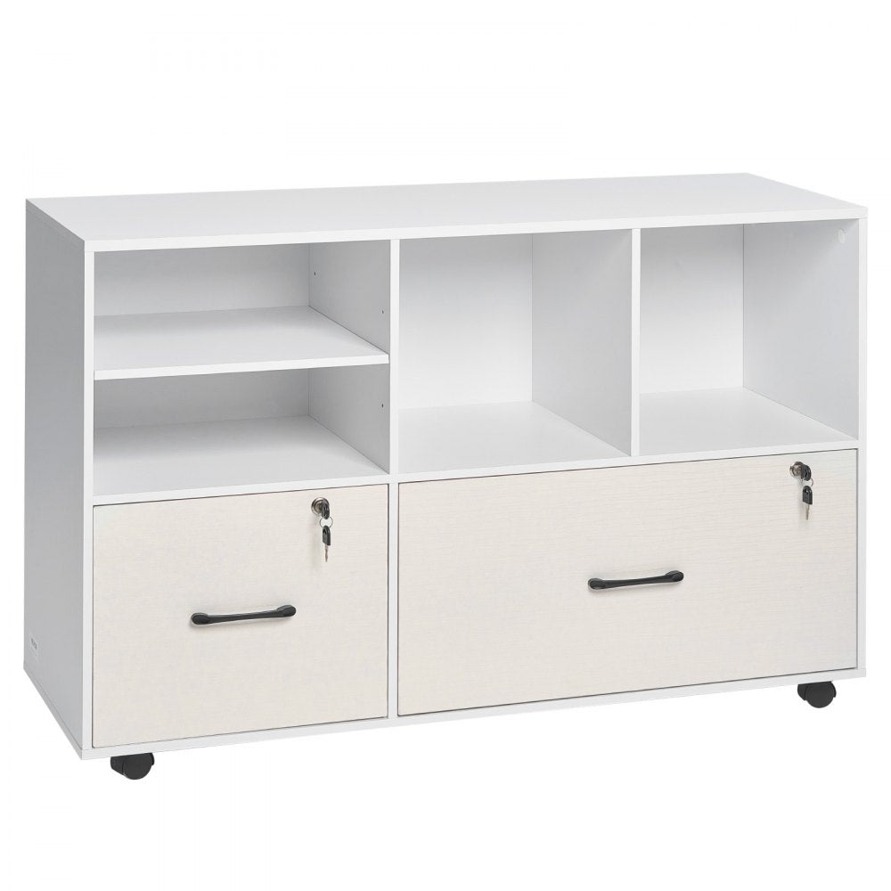 VEVOR 2 Drawer Wooden File Cabinet, Mobile Filing Cabinet with Open Shelves, Lockable Lateral Rolling File Storage with Adjustable Shelves, Free Standing Printer Stand for Home Office School, White