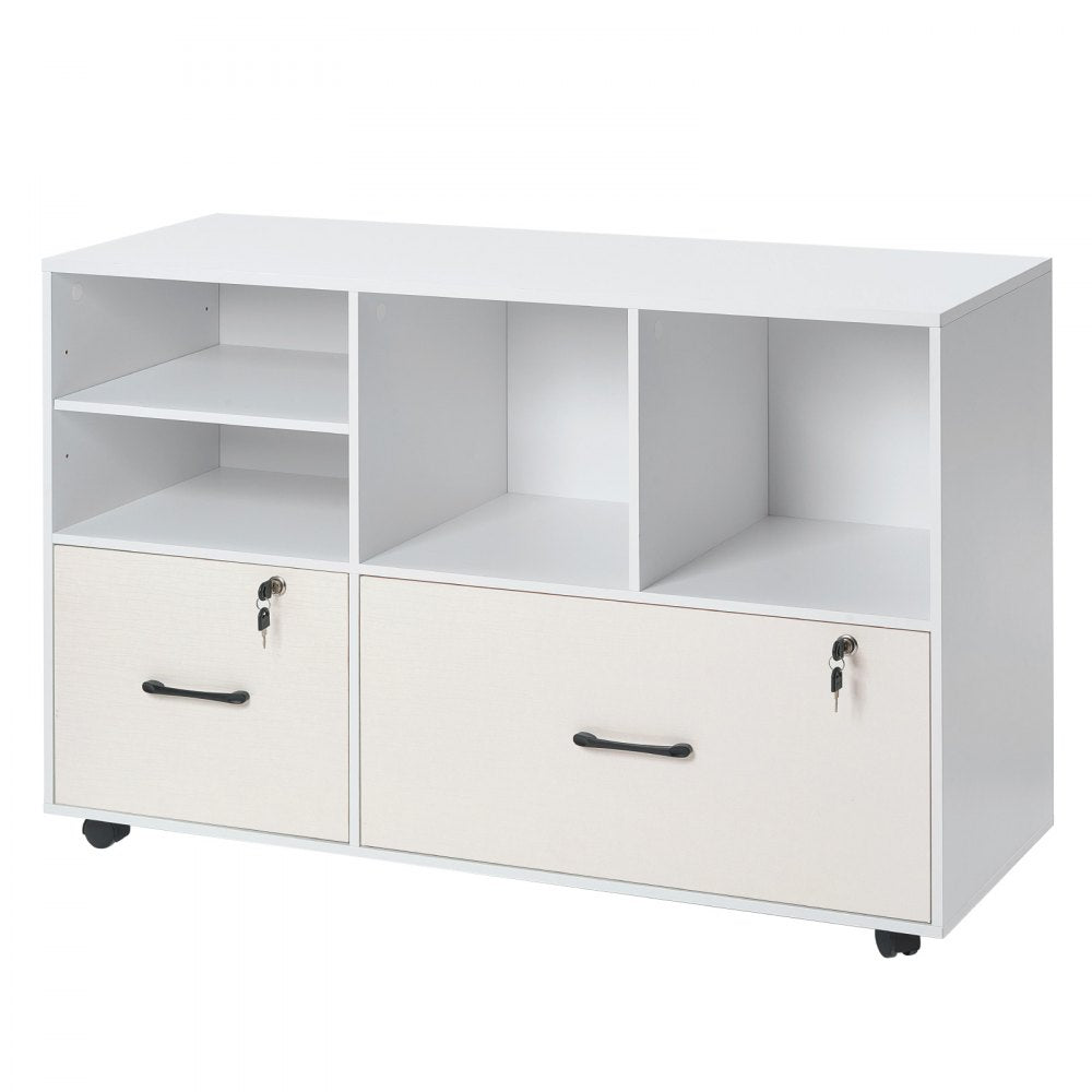 VEVOR 2 Drawer Wooden File Cabinet, Mobile Filing Cabinet with Open Shelves, Lockable Lateral Rolling File Storage with Adjustable Shelves, Free Standing Printer Stand for Home Office School, White