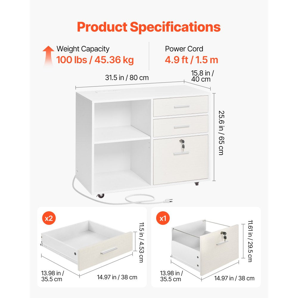 VEVOR 3 Drawer Wooden File Cabinet, Mobile Filing Cabinet with Light Strip, Lockable Rolling File Storage with Adjustable Shelves & 5 Wheels, Free Standing Printer Stand for Home Office School, White