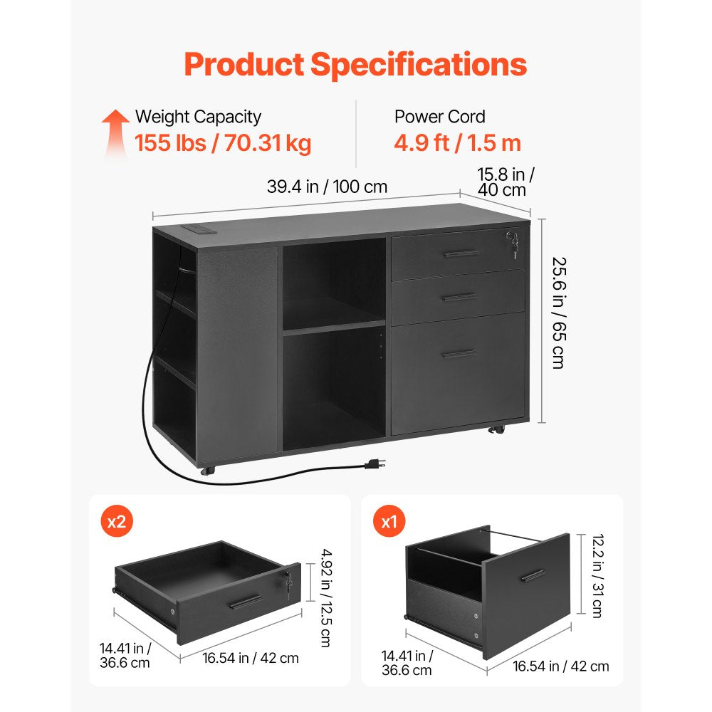 VEVOR 3 Drawer Wooden File Cabinet, Mobile Filing Cabinet with Power Strip, Lockable Rolling File Storage with Adjustable Shelves & 5 Wheels, Floor Standing Printer Stand for Home Office School, Black