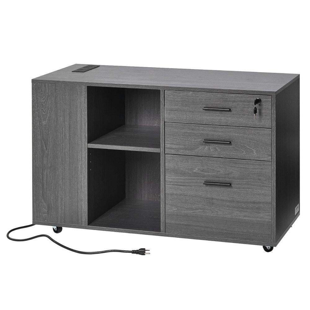 VEVOR 3 Drawer Wooden File Cabinet, Mobile Filing Cabinet with Power Strip, Lockable Rolling File Storage with Adjustable Shelves & 5 Wheels, Floor Standing Printer Stand for Home Office School, Gray
