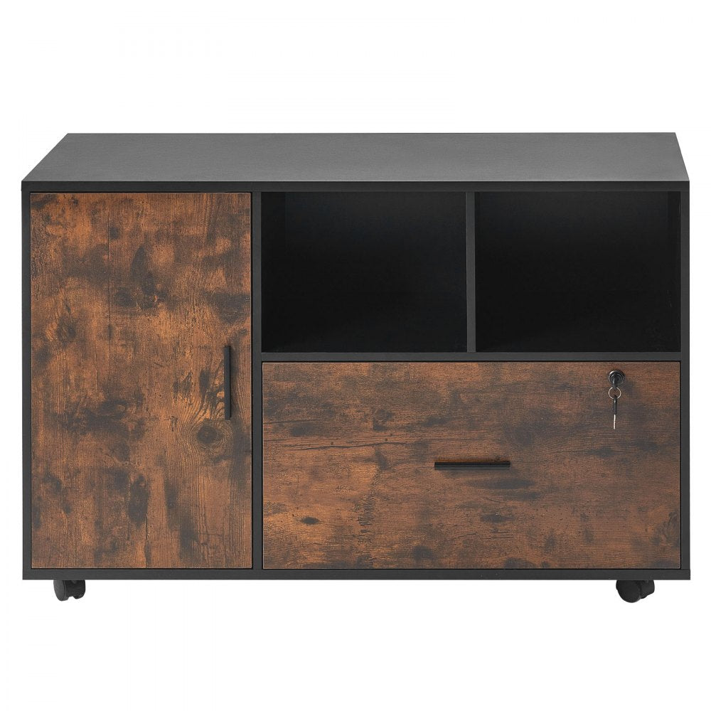 VEVOR Wood File Cabinet, Mobile Filing Cabinet with Open Shelves, Lockable Lateral Rolling File Storage with Adjustable Shelves, Free Standing Printer Stand for Home, Office, School, Rustic Brown