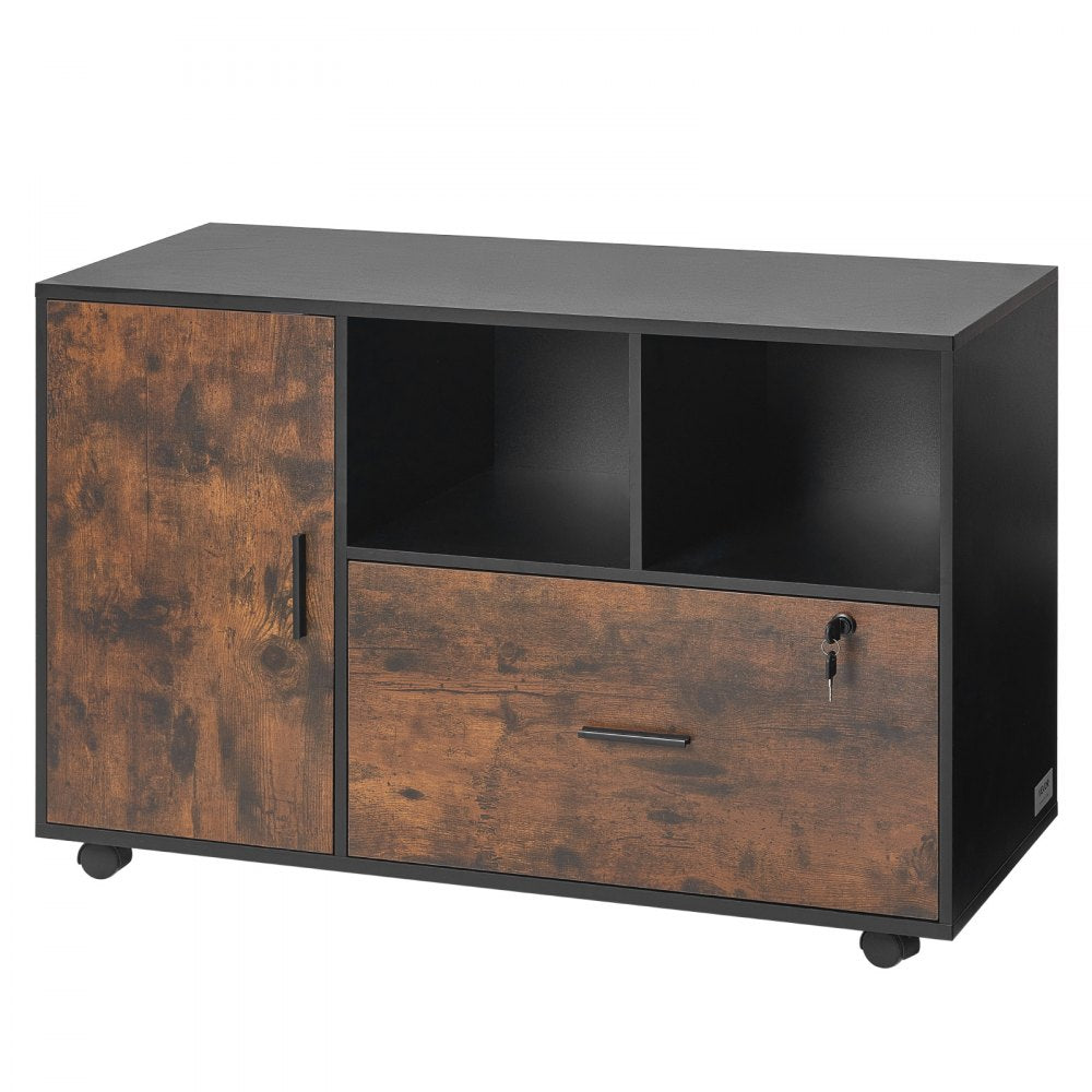 VEVOR Wood File Cabinet, Mobile Filing Cabinet with Open Shelves, Lockable Lateral Rolling File Storage with Adjustable Shelves, Free Standing Printer Stand for Home, Office, School, Rustic Brown
