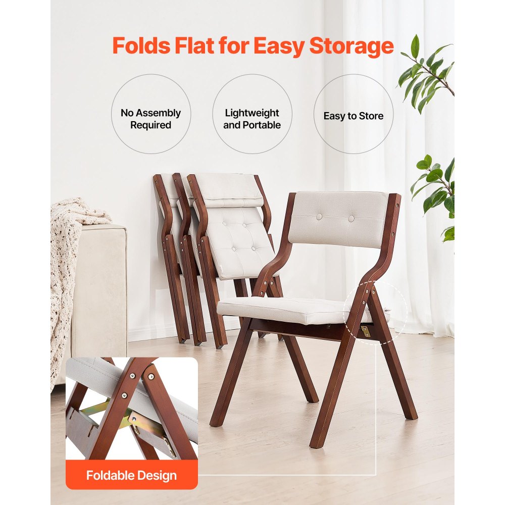 VEVOR Wooden Folding Chairs with Cushion, Set of 2, Portable Foldable Cushion Chair with Wooden Frame, Modern Padded Dining Chair for Kitchen, Office, Wedding, Party, Dining Room, Easy Assembly, White
