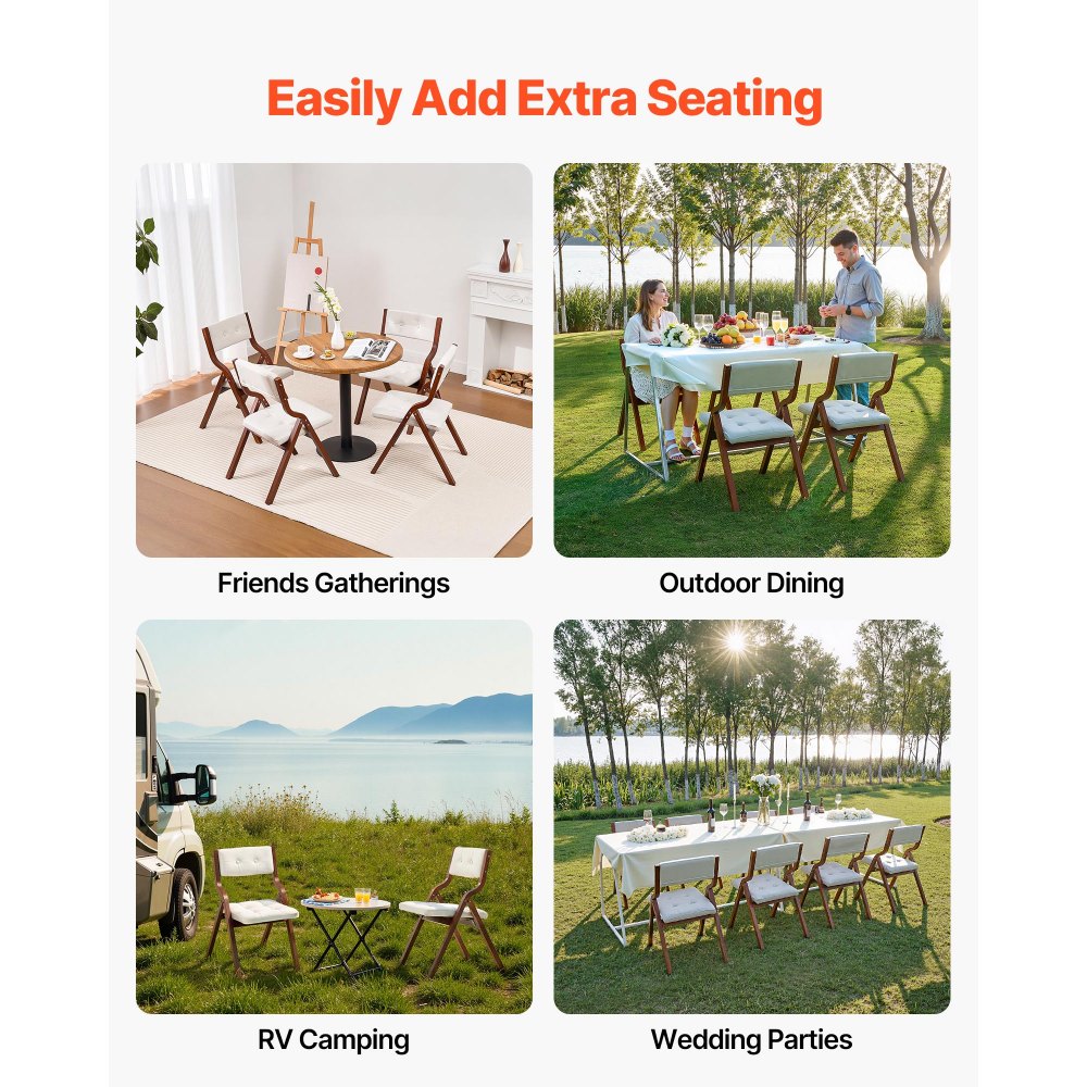 VEVOR Wooden Folding Chairs with Cushion, Set of 2, Portable Foldable Cushion Chair with Wooden Frame, Modern Padded Dining Chair for Kitchen, Office, Wedding, Party, Dining Room, Easy Assembly, White