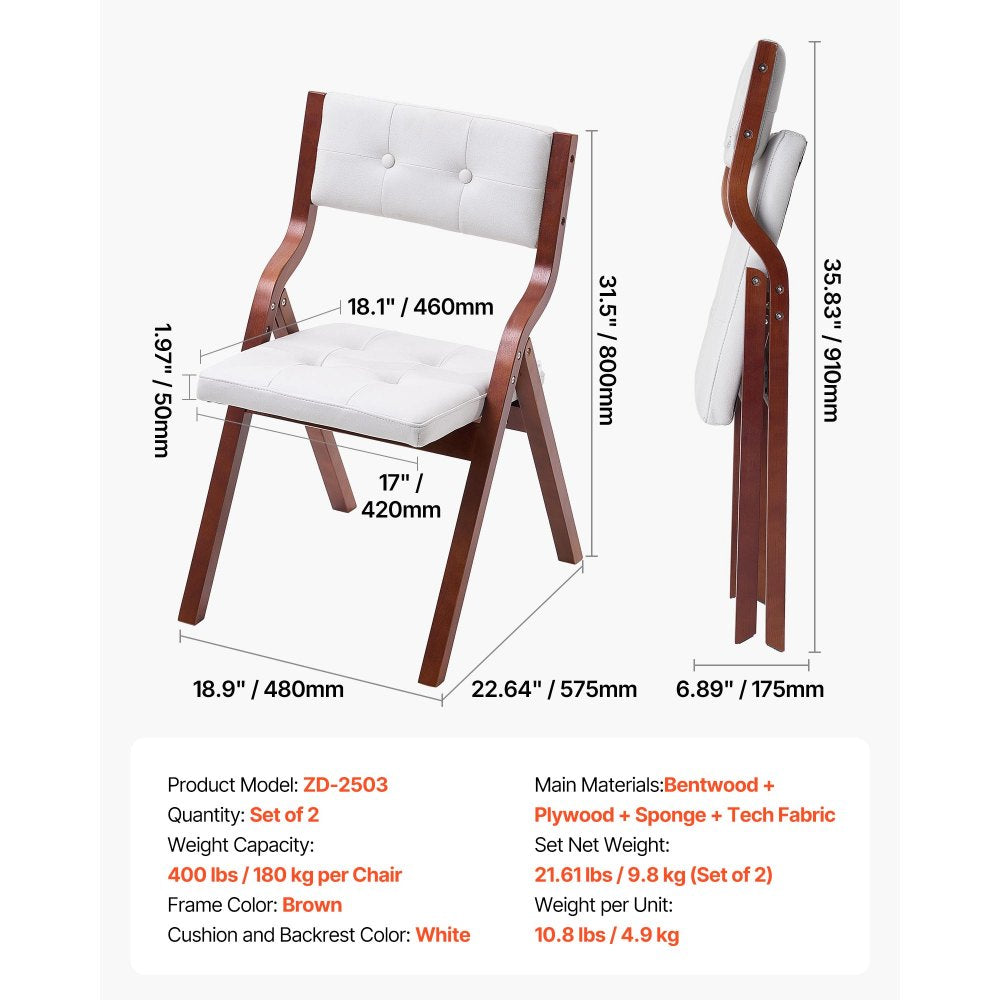 VEVOR Wooden Folding Chairs with Cushion, Set of 2, Portable Foldable Cushion Chair with Wooden Frame, Modern Padded Dining Chair for Kitchen, Office, Wedding, Party, Dining Room, Easy Assembly, White
