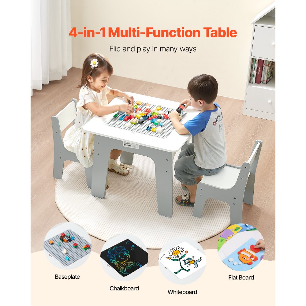 VEVOR 4 in 1 Kid Activity Table and 2 Chairs Set, Graffiti & Building Blocks Double-Sided Tabletop, Toddler Play Table with Storage for Kids 3+ Years, Large Storage Space, Gift for Boys & Girls, White