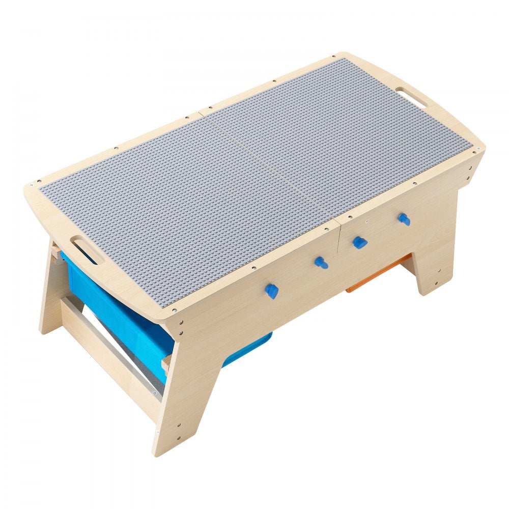 VEVOR Kids Reversible Wooden Activity Table, Multi-Purpose Activity Play Table with 200 Building Bricks & 3 Storage Bins for Kids 3+ Years, Large Storage Space, Present for Boys & Girls, Natural