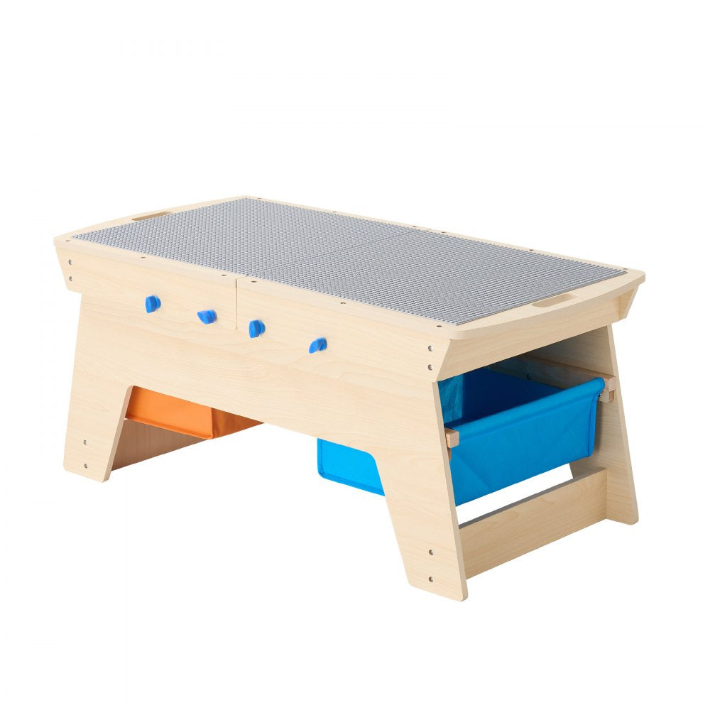VEVOR Kids Reversible Wooden Activity Table, Multi-Purpose Activity Play Table with 200 Building Bricks & 3 Storage Bins for Kids 3+ Years, Large Storage Space, Present for Boys & Girls, Natural