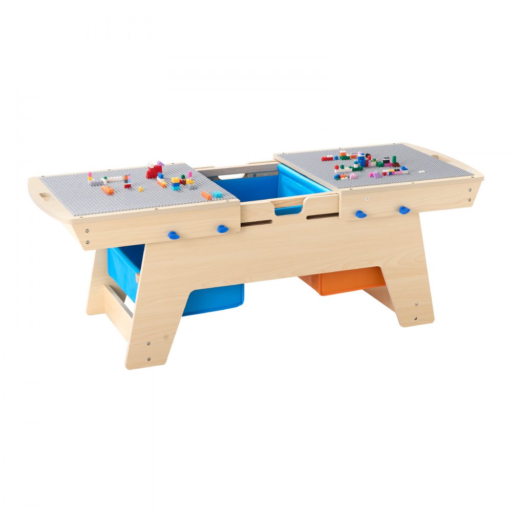 VEVOR Kids Reversible Wooden Activity Table, Multi-Purpose Activity Play Table with 200 Building Bricks & 3 Storage Bins for Kids 3+ Years, Large Storage Space, Present for Boys & Girls, Natural
