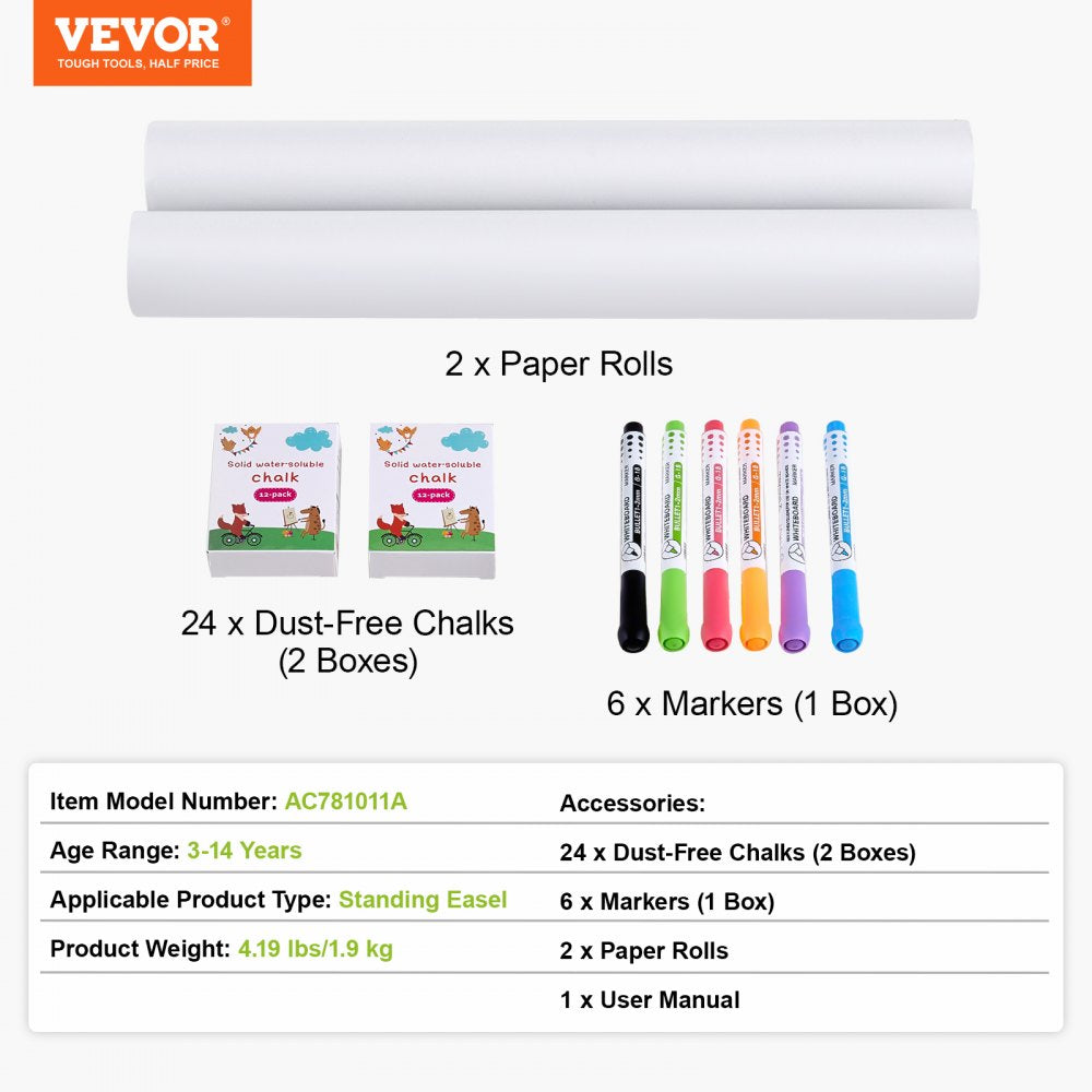 VEVOR Easel Accessory Set, 32 PCS Kid's Art Easel Painting Kit Including Chalks, Dry-Erase Markers & Paper Rolls, Supplies Set for Standing Art Easel, Painting Accessories for Toddlers Boys and Girls