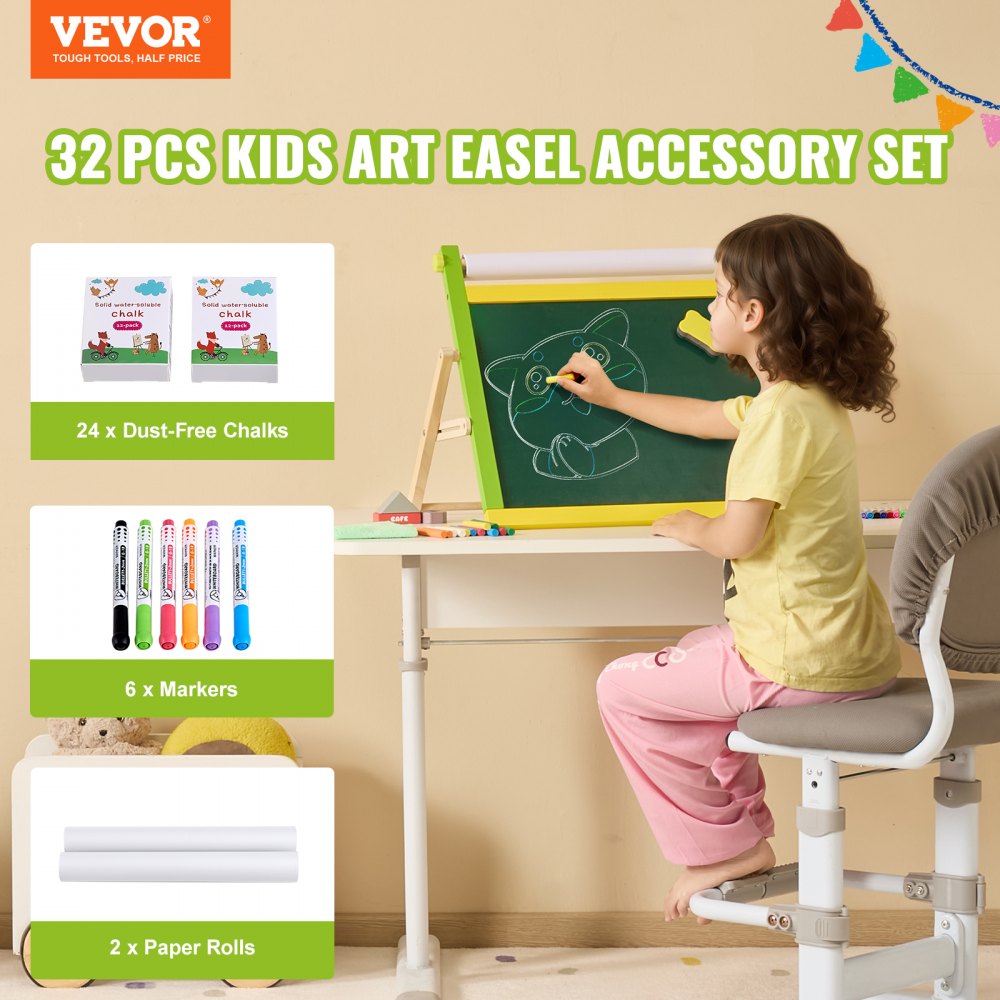 VEVOR Easel Accessory Set, 32 PCS Kid's Art Easel Painting Kit Including Chalks, Dry-Erase Markers & Paper Rolls, Supplies Set for Tabletop Art Easel, Painting Accessories for Toddlers Boys and Girls