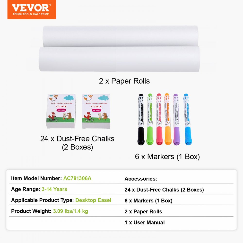 VEVOR Easel Accessory Set, 32 PCS Kid's Art Easel Painting Kit Including Chalks, Dry-Erase Markers & Paper Rolls, Supplies Set for Tabletop Art Easel, Painting Accessories for Toddlers Boys and Girls
