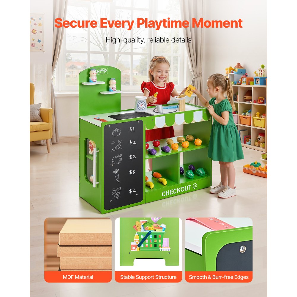 VEVOR Kids Grocery Store Playset, Wooden Play Market Stand with Shopping Bag, Kids Supermarket Pretend Play Store with Conveyor Belt, Scanner, Cash Register, Realistic Scale, Gift for Boys & Girls