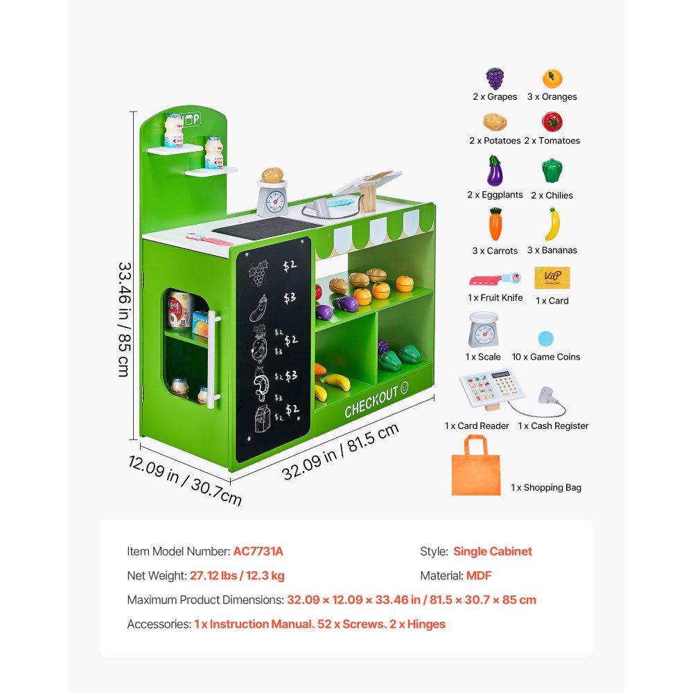 VEVOR Kids Grocery Store Playset, Wooden Play Market Stand with Shopping Bag, Kids Supermarket Pretend Play Store with Conveyor Belt, Scanner, Cash Register, Realistic Scale, Gift for Boys & Girls