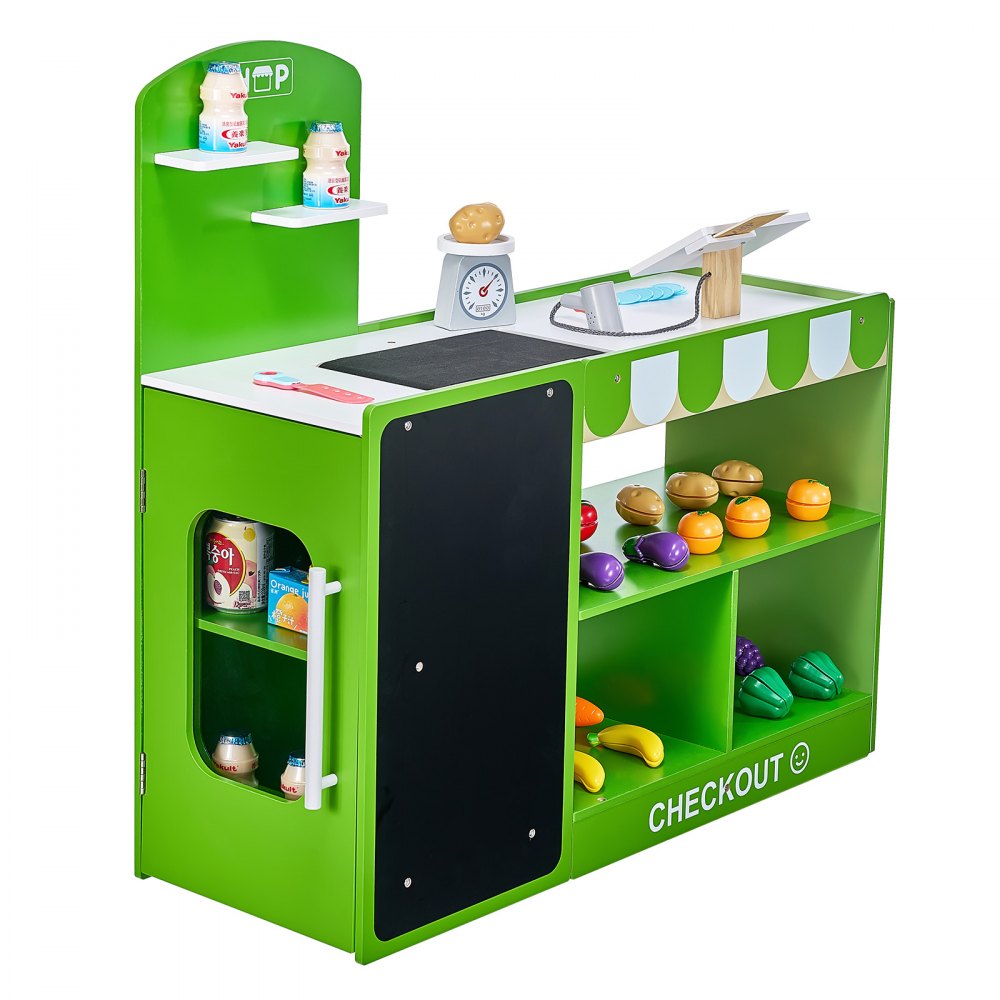 VEVOR Kids Grocery Store Playset, Wooden Play Market Stand with Shopping Bag, Kids Supermarket Pretend Play Store with Conveyor Belt, Scanner, Cash Register, Realistic Scale, Gift for Boys & Girls