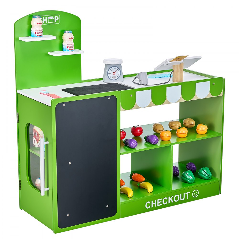VEVOR Kids Grocery Store Playset, Wooden Play Market Stand with Shopping Bag, Kids Supermarket Pretend Play Store with Conveyor Belt, Scanner, Cash Register, Realistic Scale, Gift for Boys & Girls