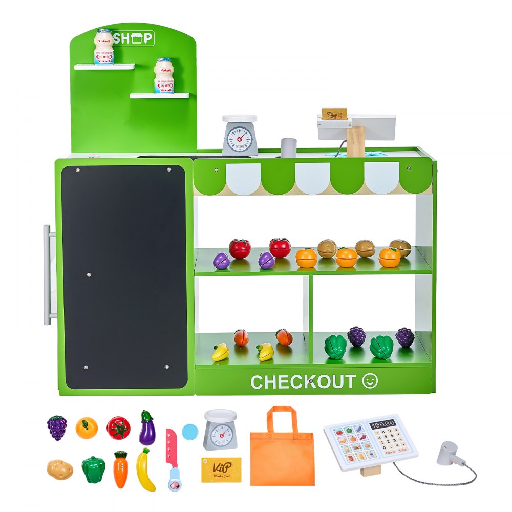 VEVOR Kids Grocery Store Playset, Wooden Play Market Stand with Shopping Bag, Kids Supermarket Pretend Play Store with Conveyor Belt, Scanner, Cash Register, Realistic Scale, Gift for Boys & Girls