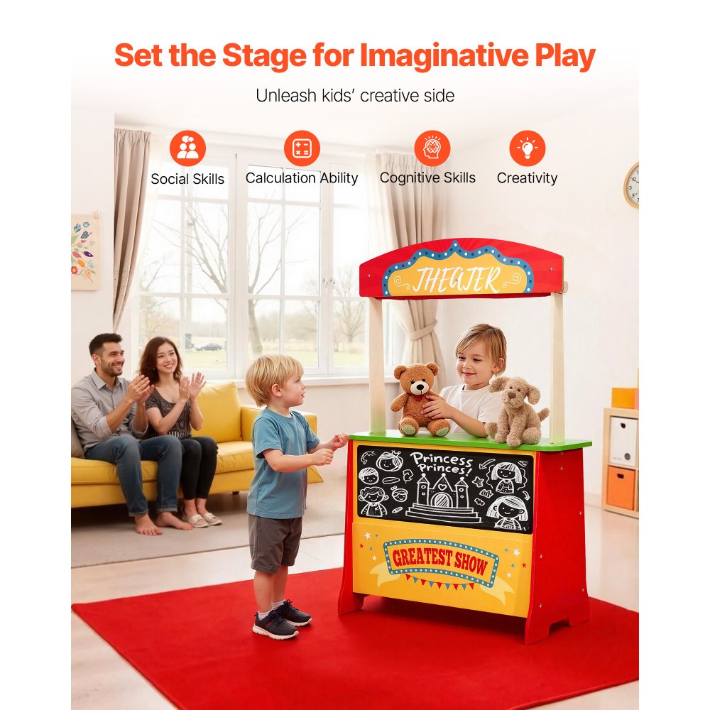 VEVOR Wooden Puppet Theater with Curtains, 2-in-1 Reversible Play Store, Double-Sided Grocery Store Playset with Chalkboard & Cash Register, Kids Pretend Play Market Stand, Gift for Boys & Girls