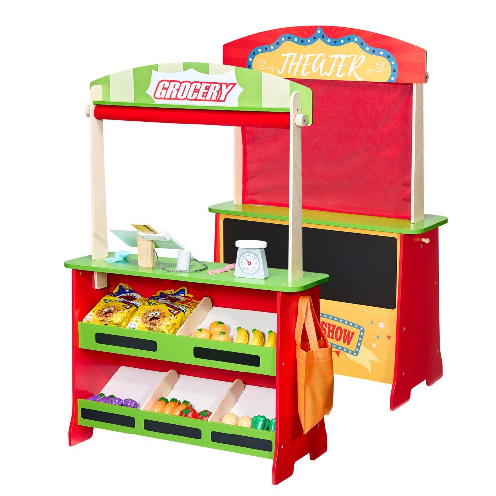 VEVOR Wooden Puppet Theater with Curtains, 2-in-1 Reversible Play Store, Double-Sided Grocery Store Playset with Chalkboard & Cash Register, Kids Pretend Play Market Stand, Gift for Boys & Girls