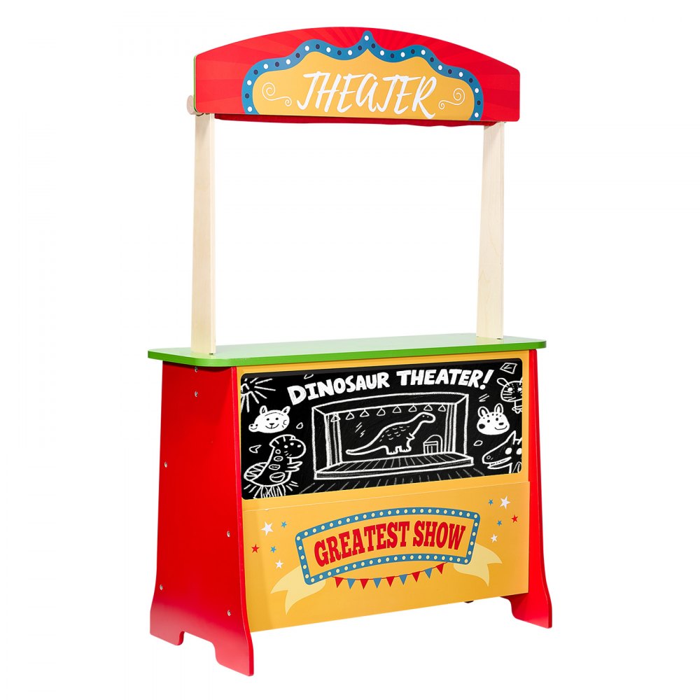 VEVOR Wooden Puppet Theater with Curtains, 2-in-1 Reversible Play Store, Double-Sided Grocery Store Playset with Chalkboard & Cash Register, Kids Pretend Play Market Stand, Gift for Boys & Girls